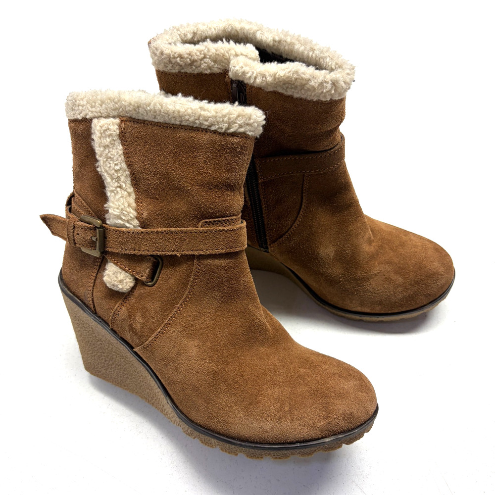 Skechers Dandy Brown Suede Sherpa Trim Ankle Boots Women’s 8 Wedge Heel
